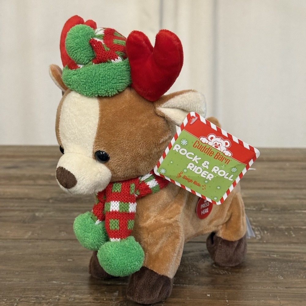 Cuddle Barn Rock Roll Reindeer Walking Musical Christmas Bell Hat Scarf Video